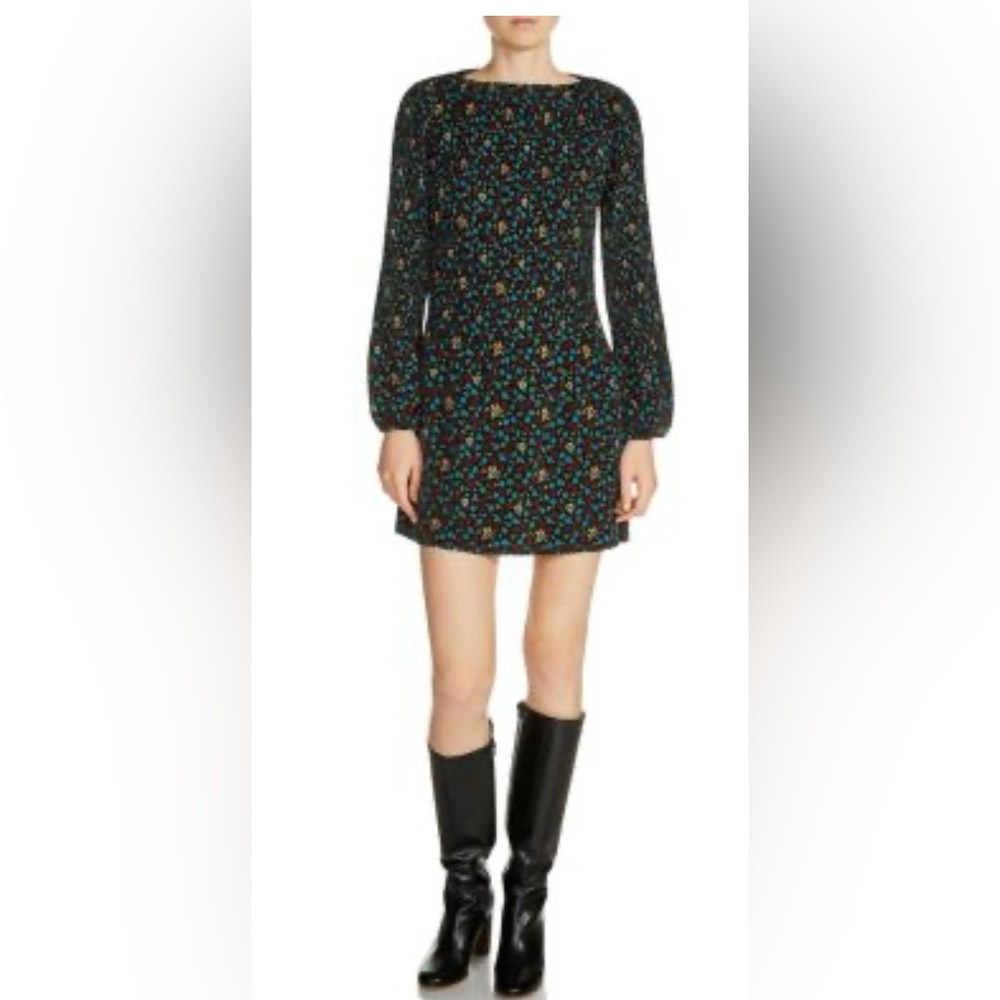 Maje Rockina Black Floral mini dress pleated, balloon sleeves EUC small (Maje 1)